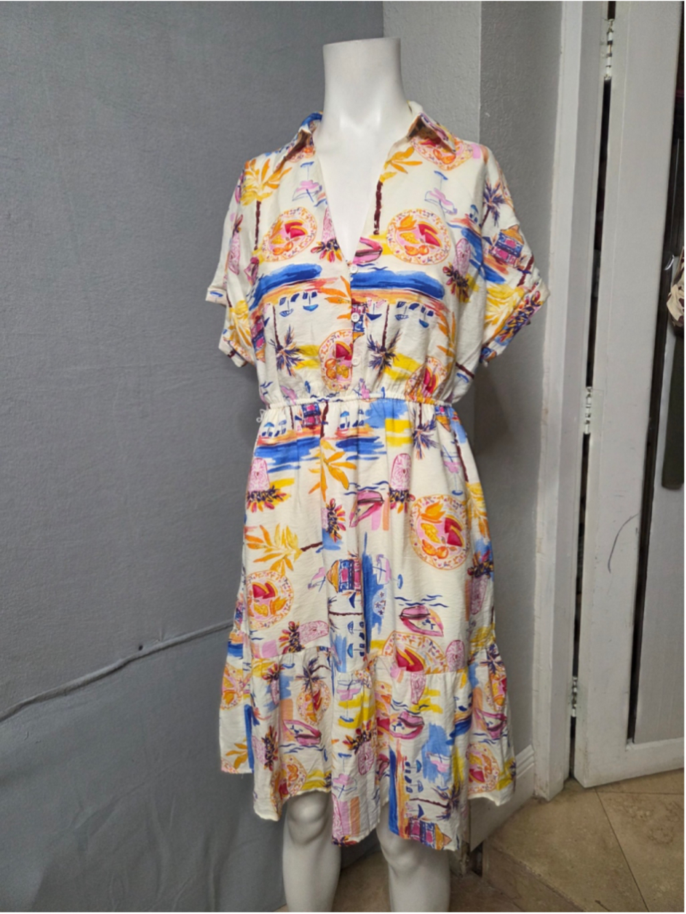 Women's Sam Edelman Midi Dress Size 4 Beige Blue Tropical Print P2p 17 In